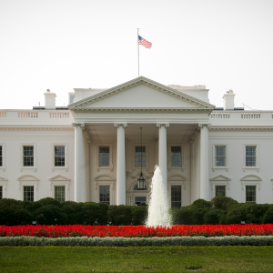 White House with American flag flying on top, and a running fountain and red flowers in the foreground.